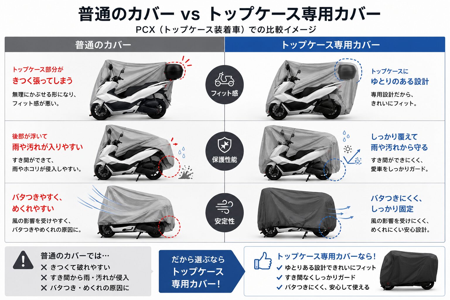 普通のバイクカバーとトップケース専用カバーの比較図解。フィット感・保護性能・安定性の3項目で比較